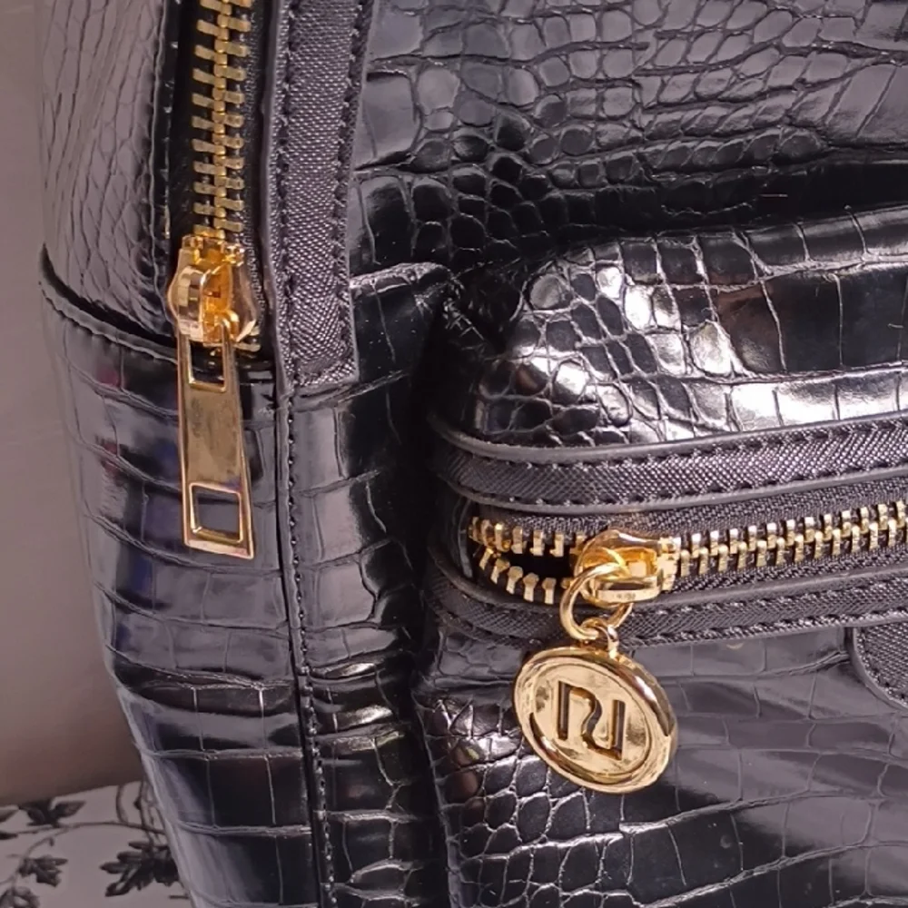 River Island Black Croc-Embossed Backpack with‎ Gold Details